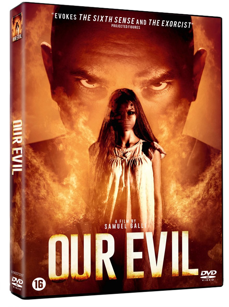 Couverture DVD avec une femme en robe blanche, avec un grand visage derrière. Le texte dit 'Our Evil'.