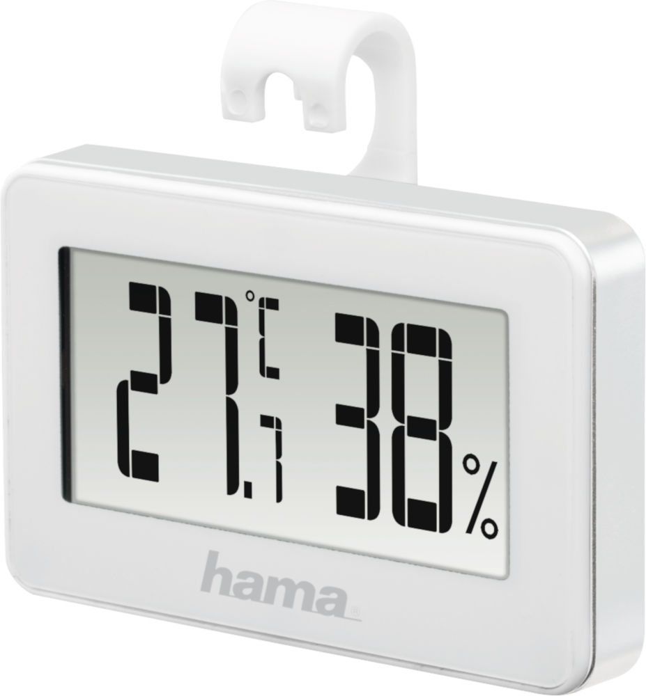 White digital thermometer. Displays 27°C and 38%. White background.