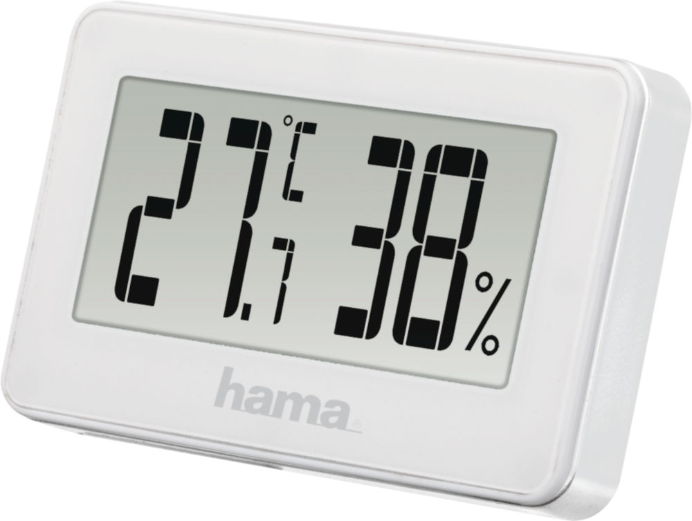 A white digital thermometer showing 27.1 and 38%. The brand name is Hama.