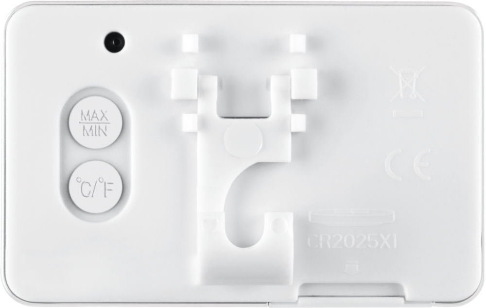 Back of a white digital thermometer with buttons and a compartment for a battery.