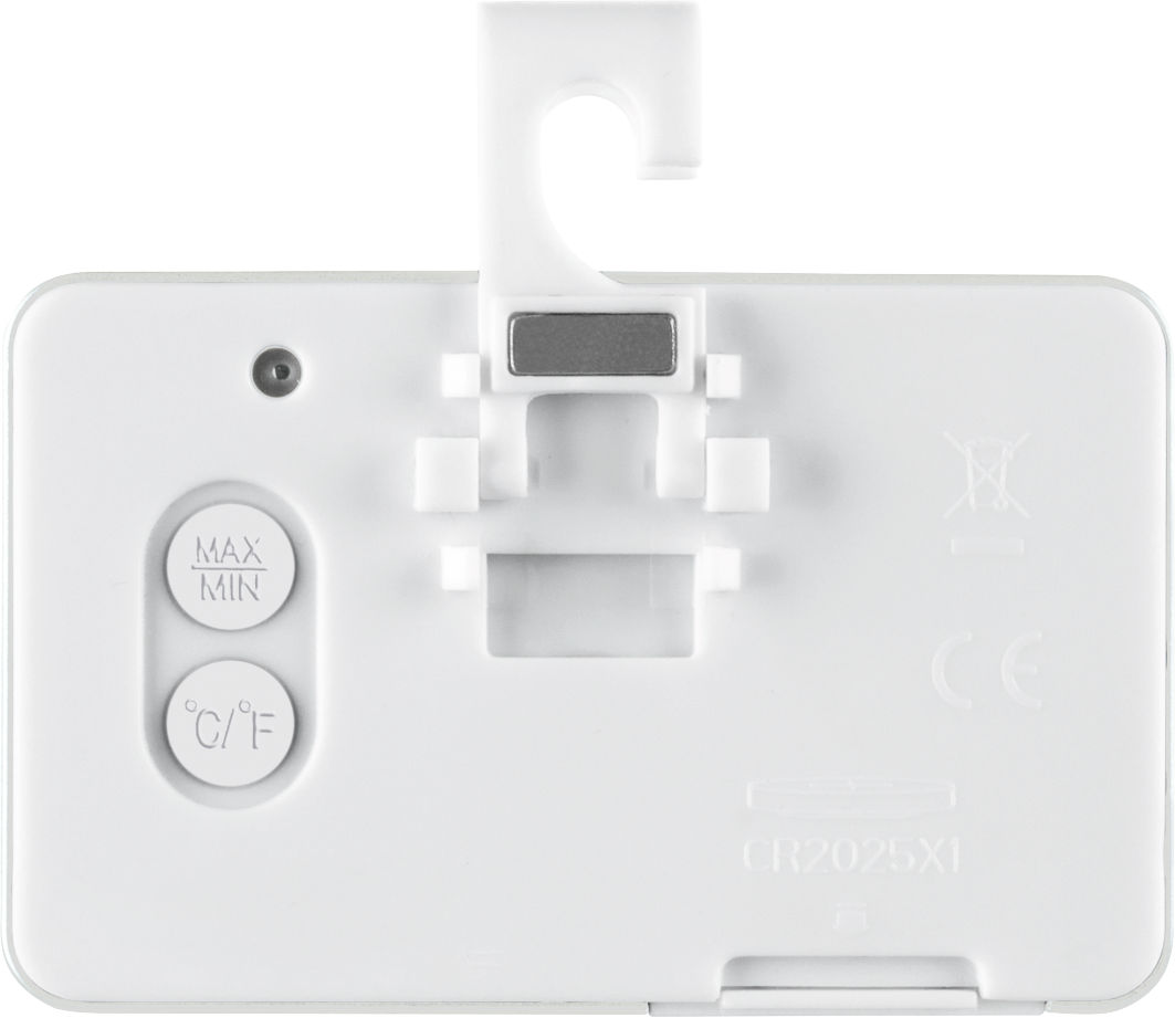 White thermometer back. It has buttons labeled MAX/MIN and C/F. A hook and a magnet are on the back.