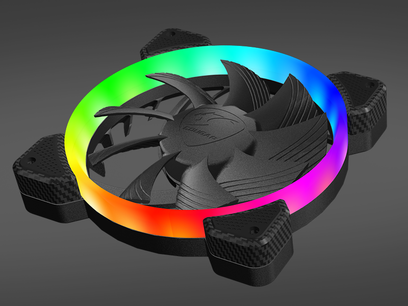 Ein Computerlüfter mit schwarzem zentralen Lüfter und RGB-LED-Ring, auf dunklem Hintergrund.