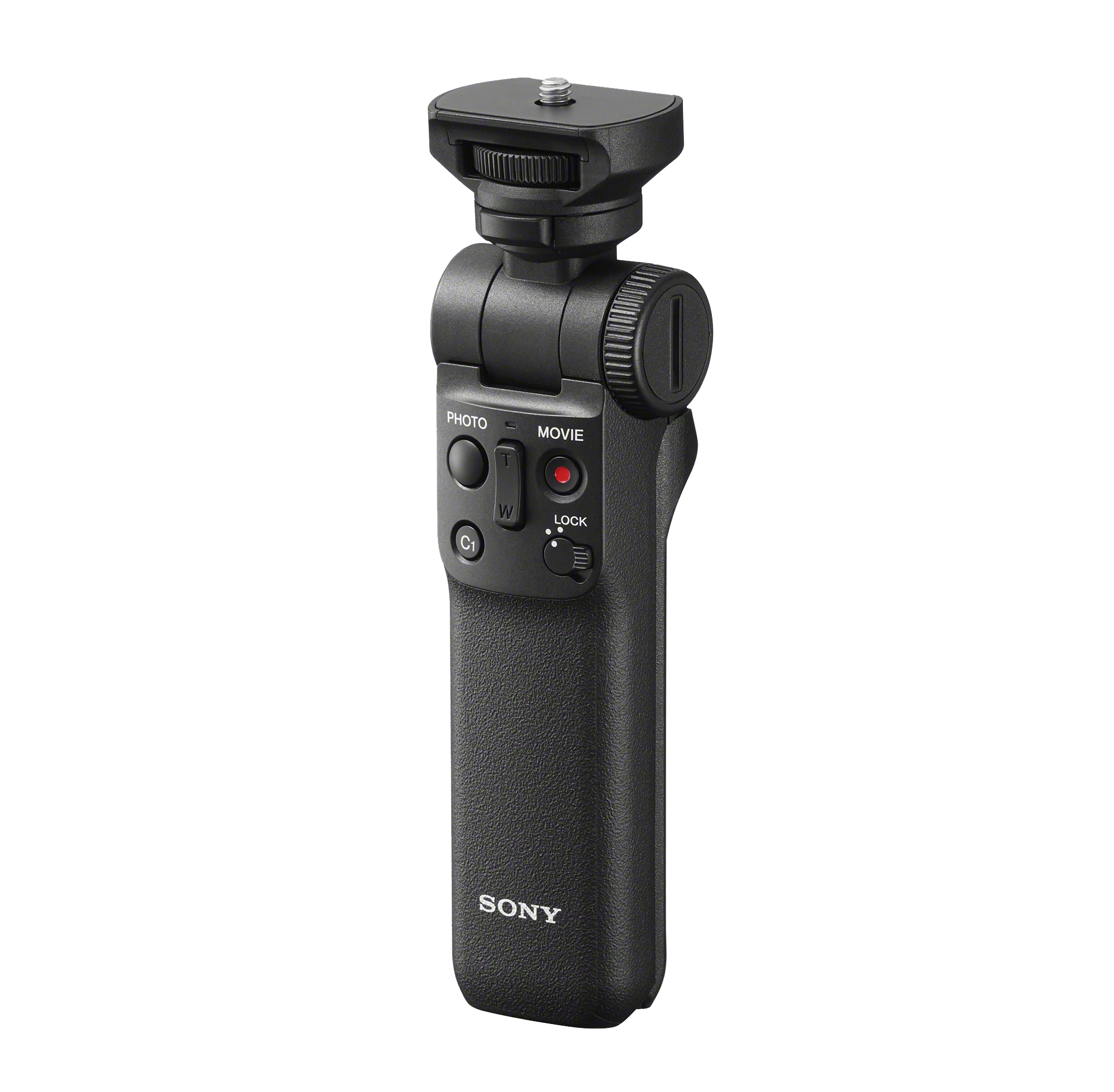 Zwarte Sony cameragrip met knoppen en statiefbevestiging.