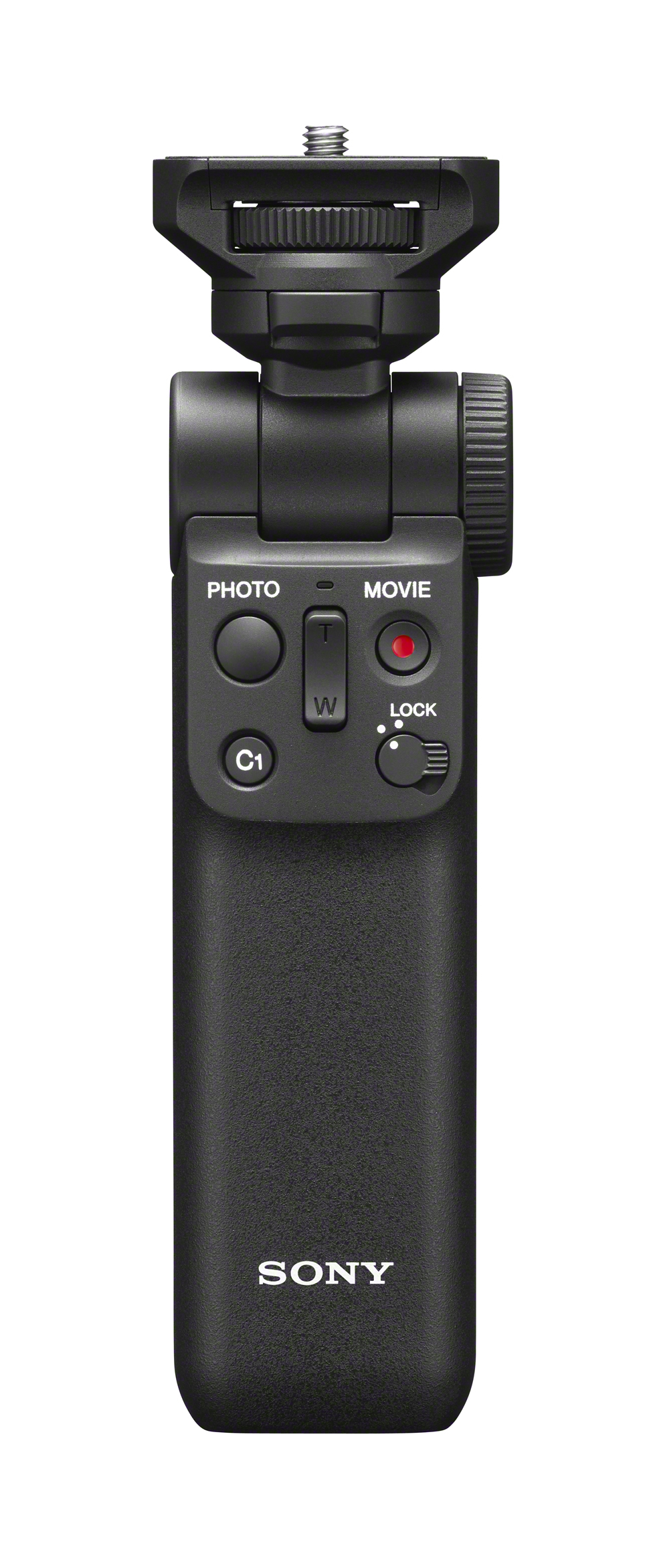Een zwarte cameragrip met knoppen en een rood licht.