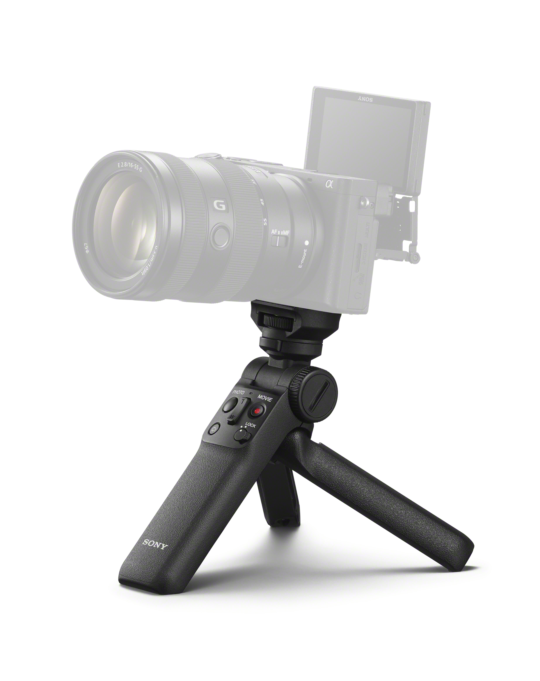 Sony camera met statief, schuin scherm, zwarte handgreep, bedieningselementen.