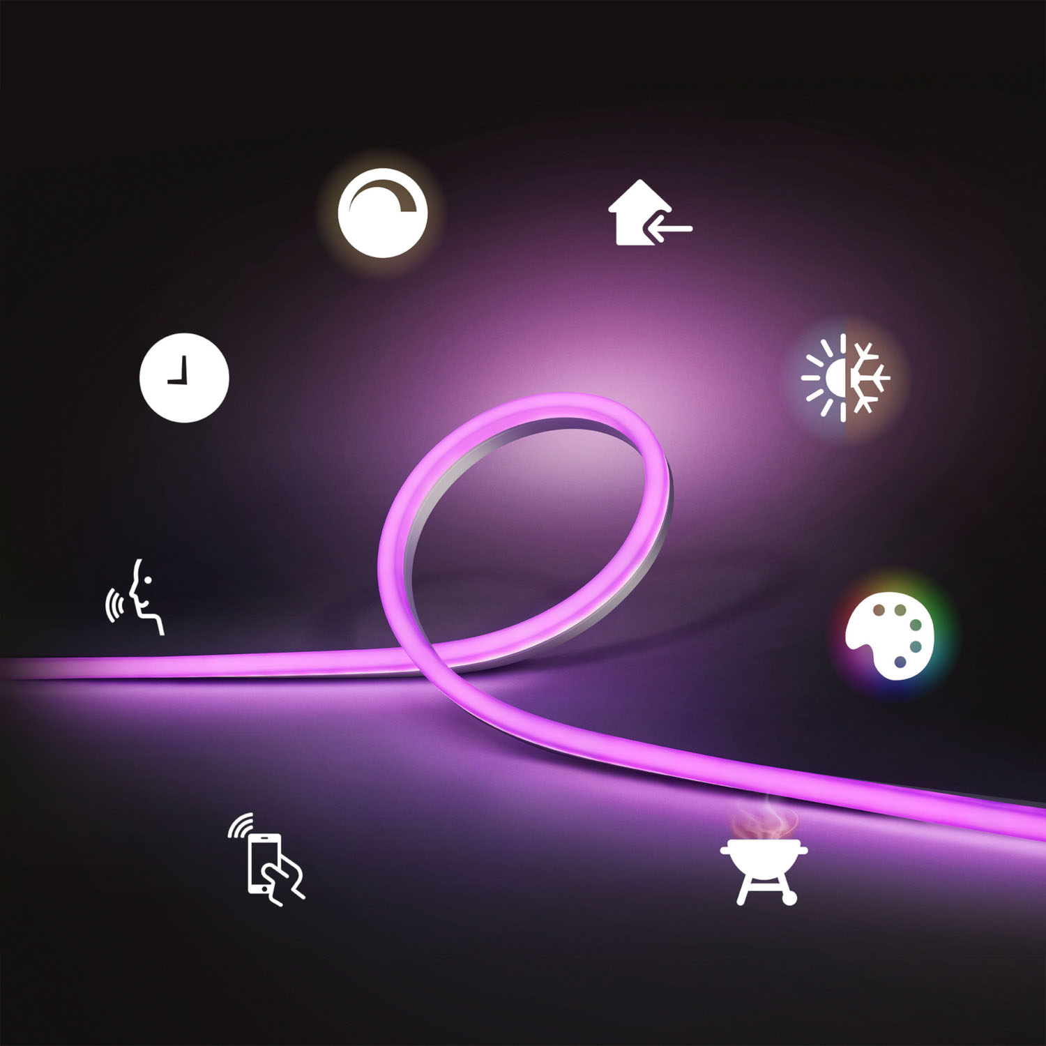 Pink neon light strip with icons of home, voice, light, time, and others around it.