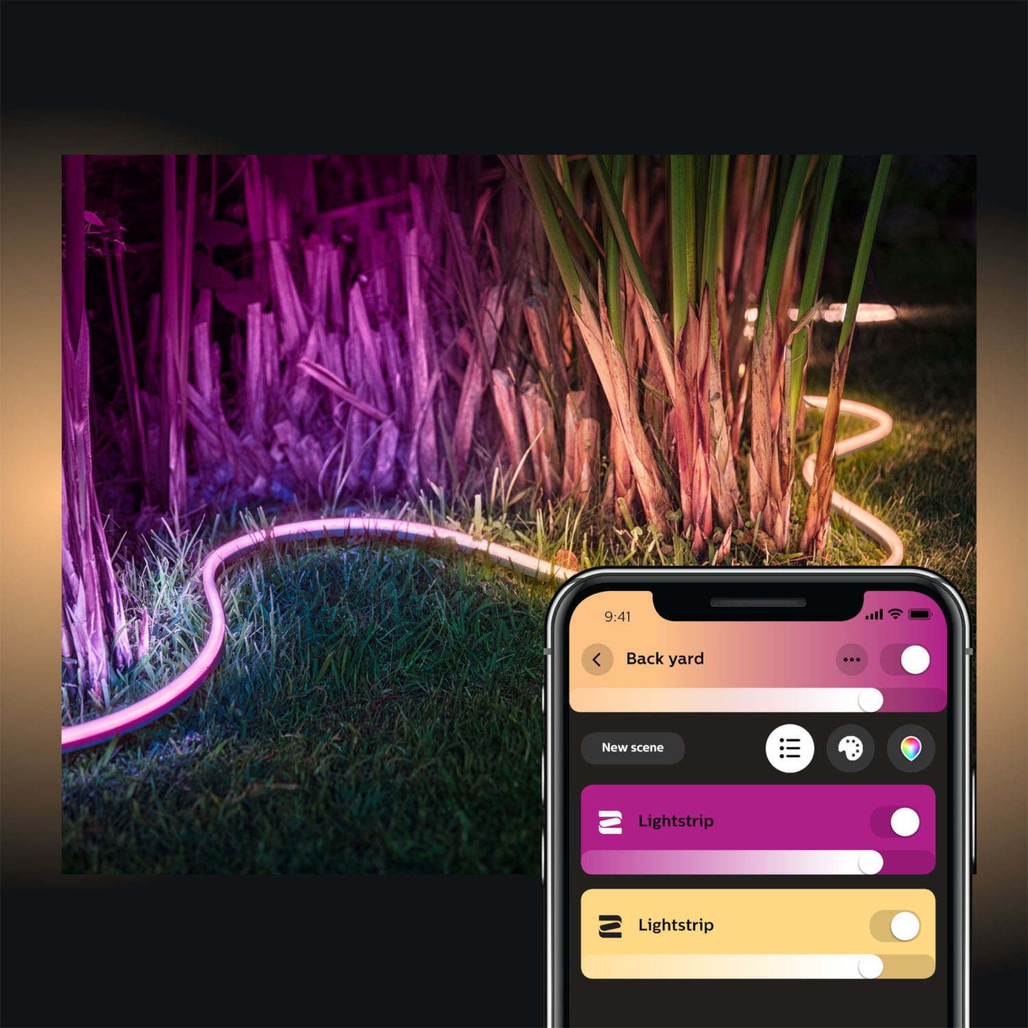 A smartphone showing an app controlling a pink light strip in a garden scene.
