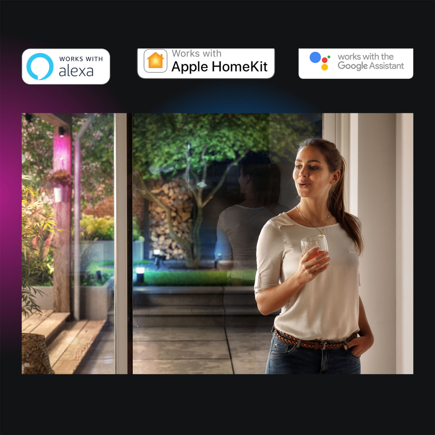 Woman in a modern setting with smart home devices. Works with Alexa, Apple HomeKit, Google Assistant.