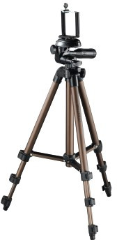 A brown tripod with a black phone holder is displayed on a white background.