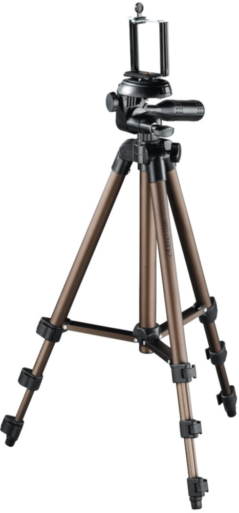 Tripod with bronze legs, supporting a camera mount. Black adjustment mechanisms.