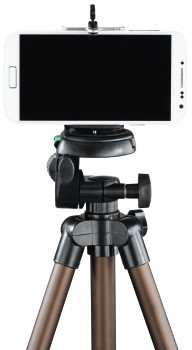 A white smartphone mounted on a tripod, with the screen facing the viewer.