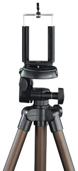 A black and brown tripod with a phone holder on the top, isolated on a white background.