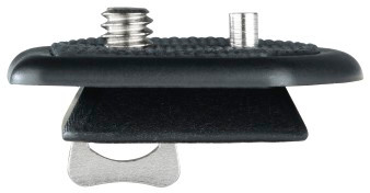 A black metal camera quick release plate with a screw and a hook.
