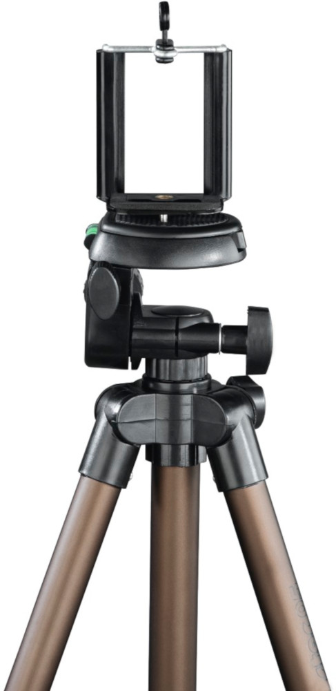A black and brown tripod with a phone holder. It is on a white background.
