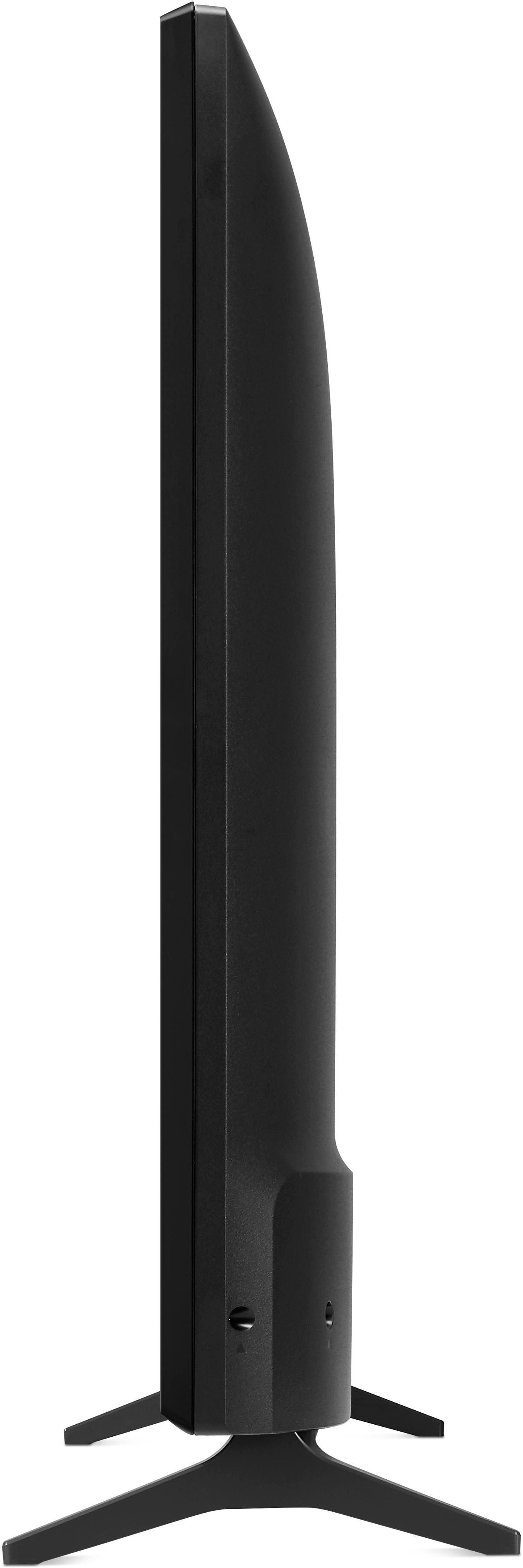 Eine Seitenansicht eines schwarzen Fernsehers auf einem Ständer. Er hat ein schlankes Design mit Knopf.