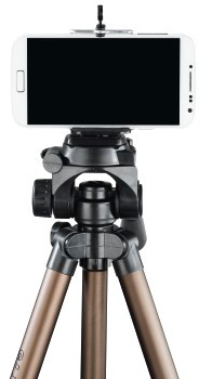Smartphone on a tripod mount. The tripod has bronze legs and a black mount.