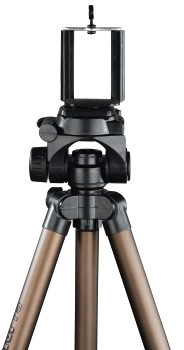 A tripod with a phone holder on top. The legs are brown and the background is white.