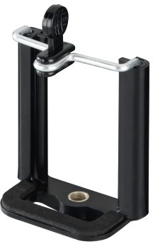 A black phone holder with a spring-loaded top, on a white background.