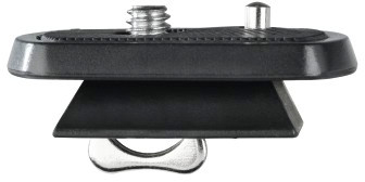 Black mounting plate with a metal screw and a pin, viewed from a side angle.
