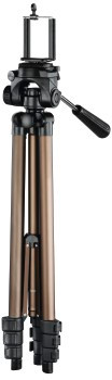 A bronze colored tripod with a black head, ready for use.