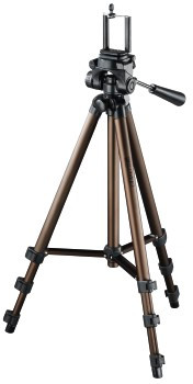 A brown tripod with adjustable legs, a head mount, and a black handle, on a white background.