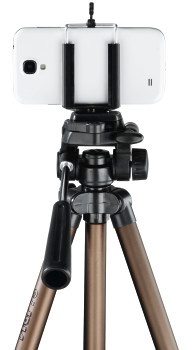 Tripod with phone mount. Bronze legs and black adjustment parts. Phone attached.