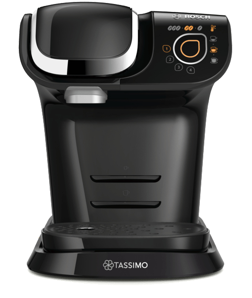 Schwarze Tassimo Kaffeemaschine. Sie hat ein weißes Detail auf der Oberseite und einen Touchscreen.