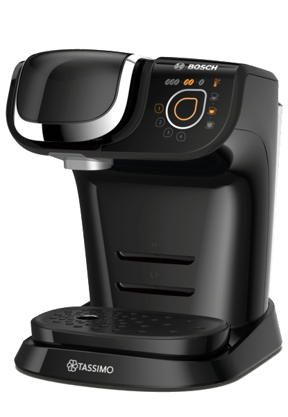Schwarze Kaffeemaschine mit silberner Zierleiste. Knöpfe vorne, Tassimo-Logo auf der Basis.
