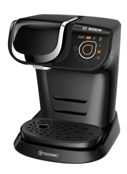 Schwarze Tassimo-Kaffeemaschine auf weißem Hintergrund. Es hat mehrere Knöpfe und einen Ausguss.