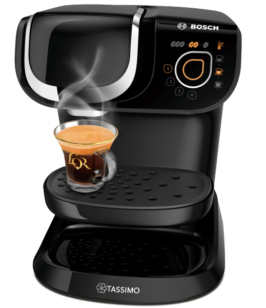 Schwarze Bosch Tassimo Kaffeemaschine mit Kaffeeglas. Dampf steigt auf.