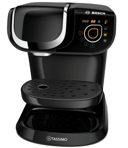 Schwarze Kaffeemaschine mit silberner Zierleiste und Tassimo-Logo. Mehrere Knöpfe auf der Frontplatte.