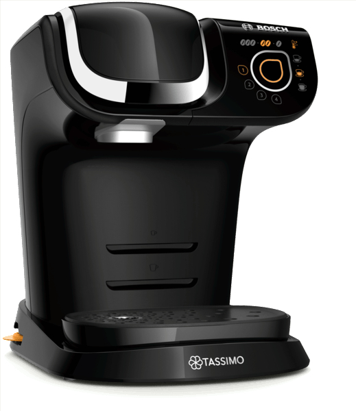 Schwarze Tassimo Kaffeemaschine. Hat ein Bedienfeld und einen Wasserbehälter. Zeigt das Markenlogo.