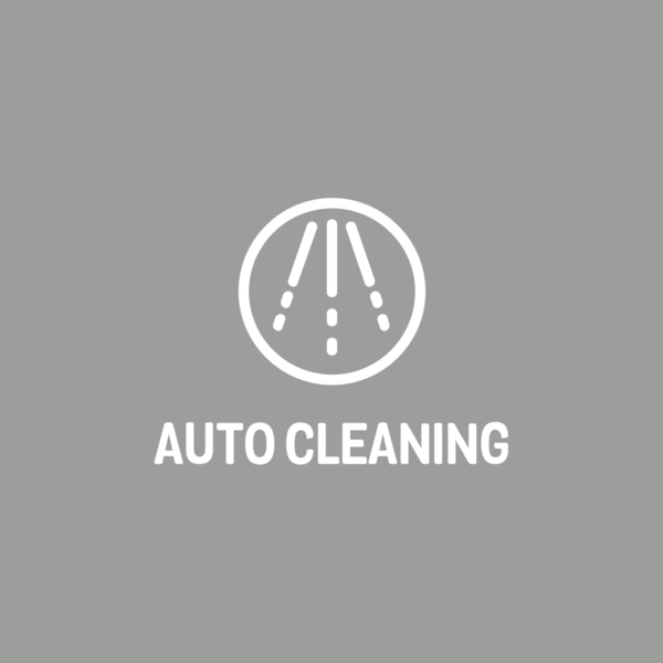 Weißes Icon auf grauem Hintergrund mit Sprühlinien im Kreis und dem Text: AUTO CLEANING.