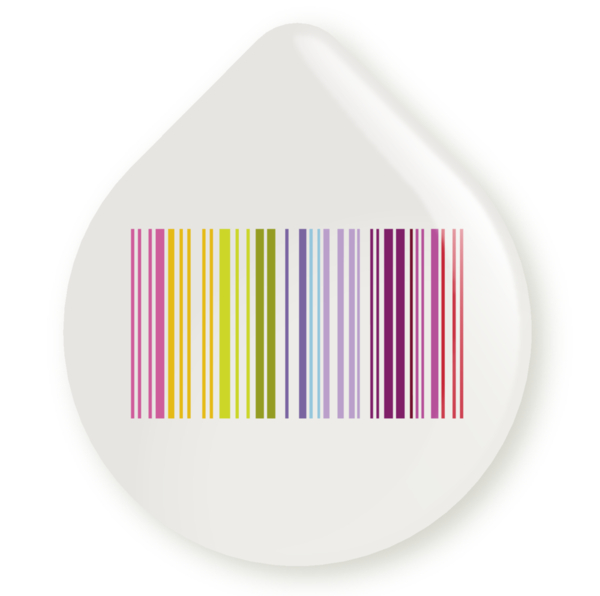 Ein farbenfroher Barcode-Aufkleber in Form eines Wassertropfens.