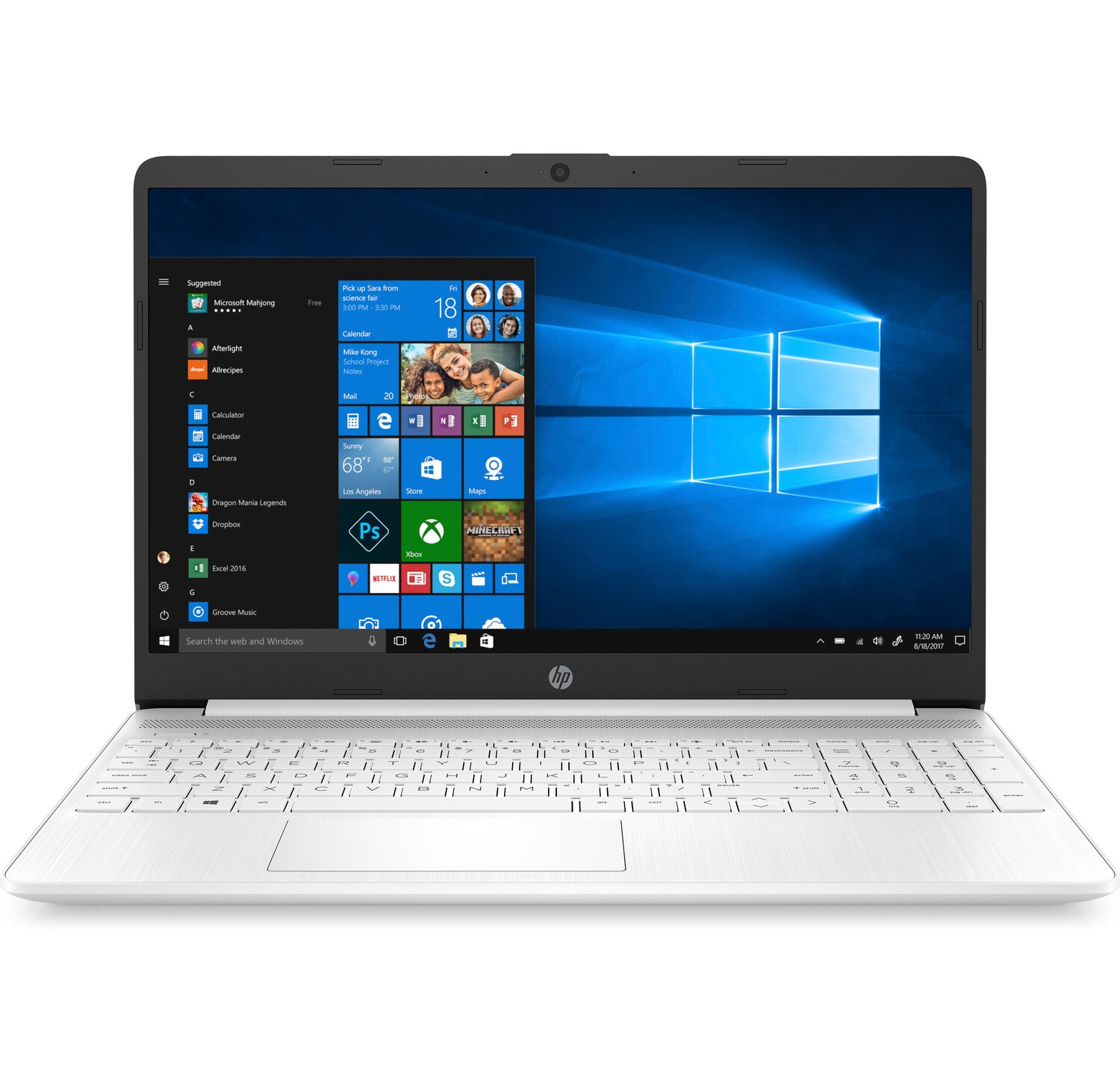 Laptop HP blanco con un escritorio Windows que muestra aplicaciones y calendario.