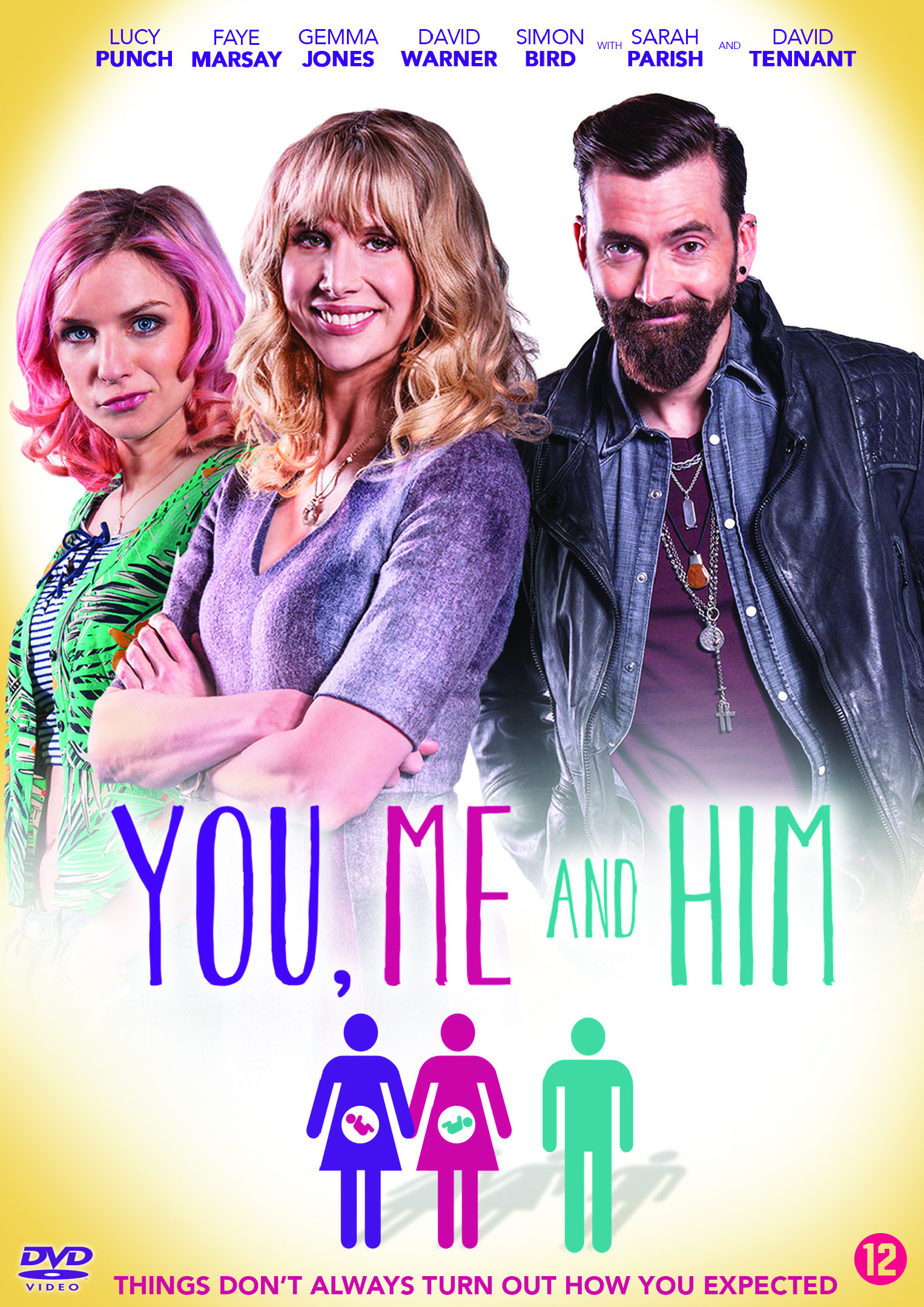 Affiche de film : Trois personnes avec le texte 'You, Me and Him' et des illustrations.