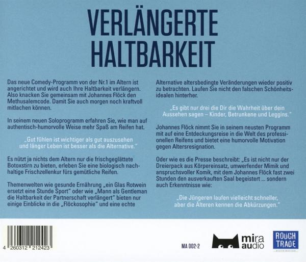 Text auf einem CD-Cover auf Deutsch. „VERLÄNGERTE HALTBARKEIT“ ist der Titel. Schwarze Katzen-Grafik unten.