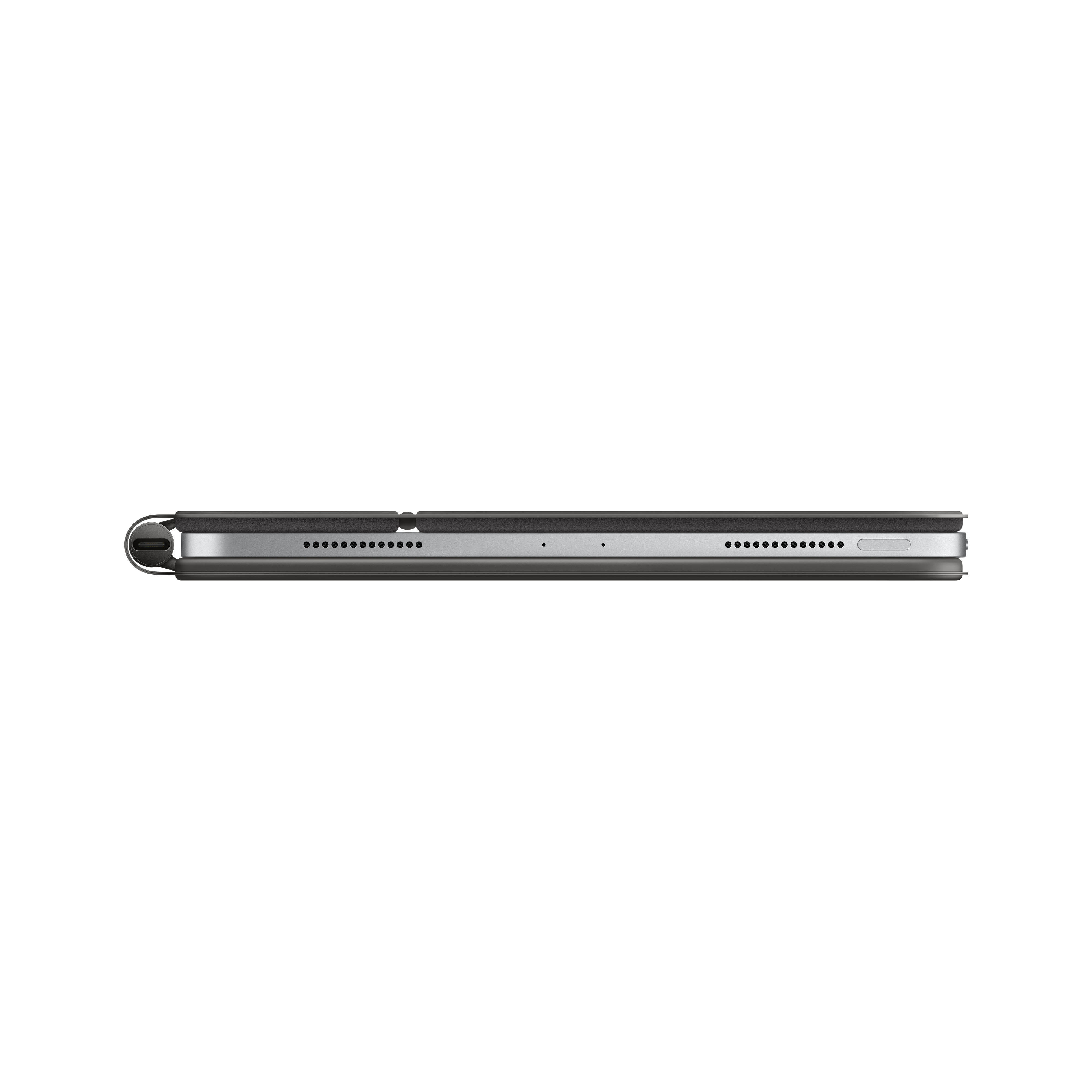 Draufsicht auf ein schwarzes Tablet mit Magnetabdeckung, die Seite mit Anschlüssen zeigend.