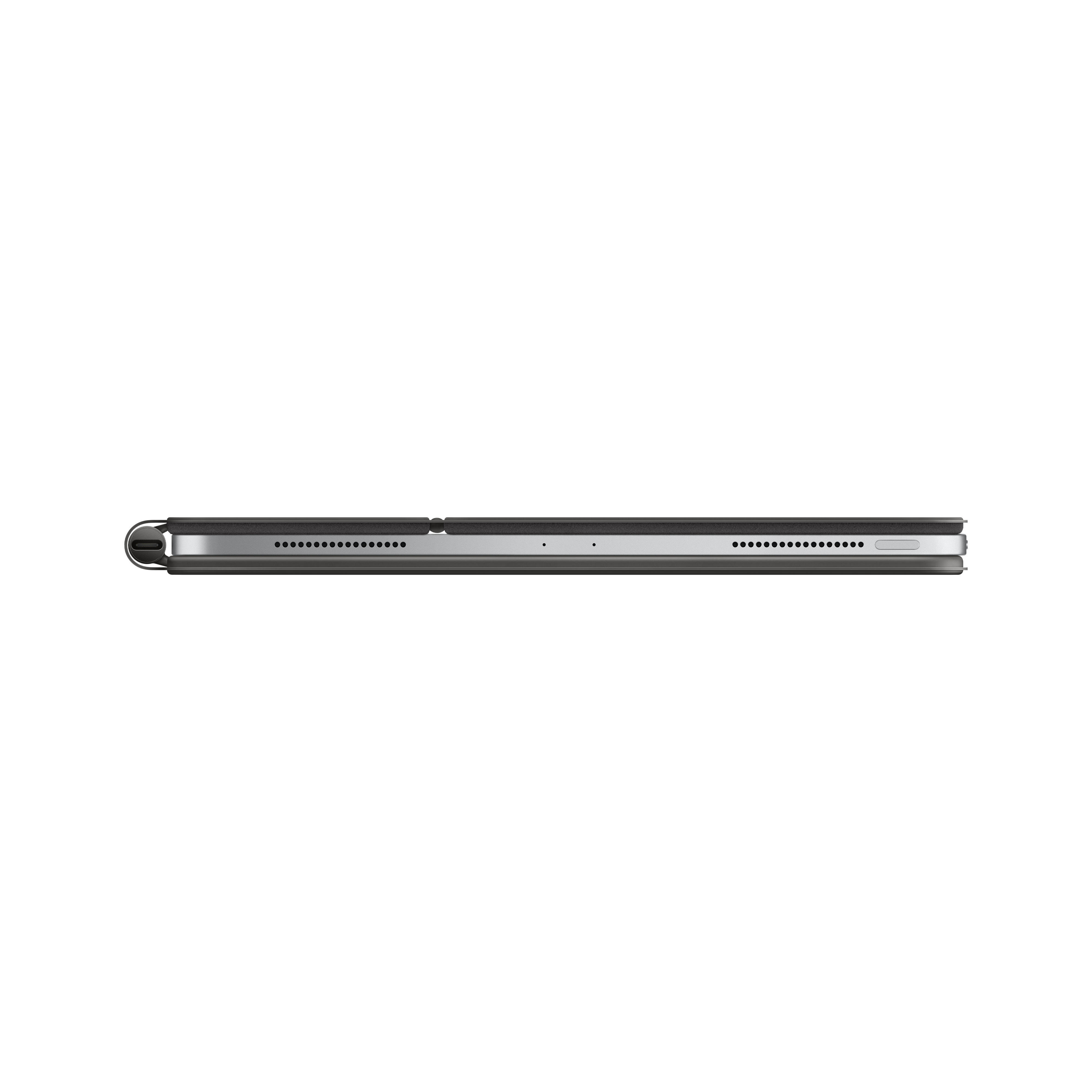 Draufsicht auf ein iPad mit schwarzem Cover. Das iPad liegt auf einer weißen Oberfläche.