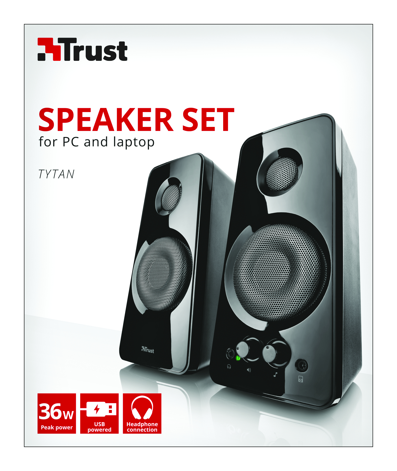 Schwarzes Lautsprecherset mit dem Logo von "Trust" und Produktdetails.