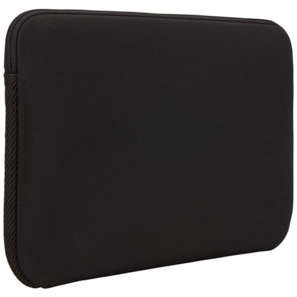 Black laptop case, closed, with a zipper around the edges, on a white surface.