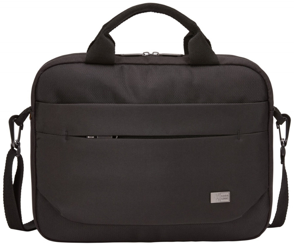 Black laptop bag with a handle, shoulder strap, and a front pocket.