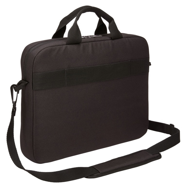 Black laptop bag with a handle and shoulder strap. The bag is plain and has a zipper.