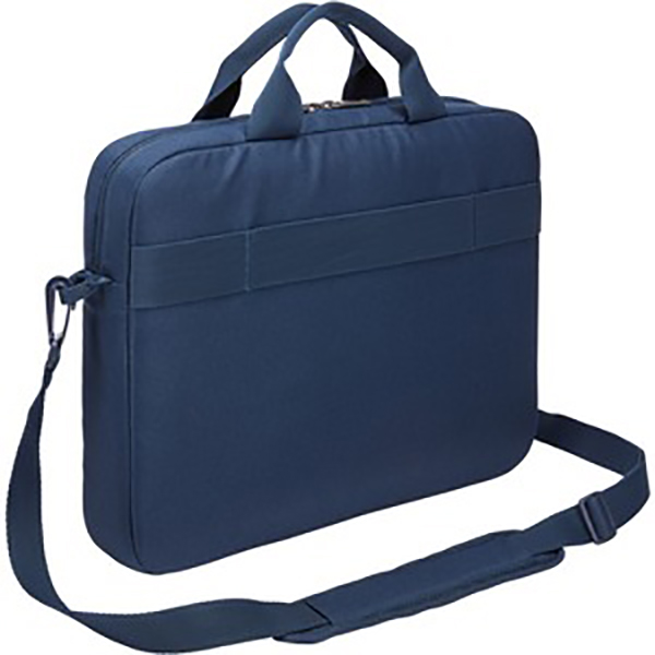 Navy blue laptop bag with shoulder strap. Zipped closure, handle on top. White background.