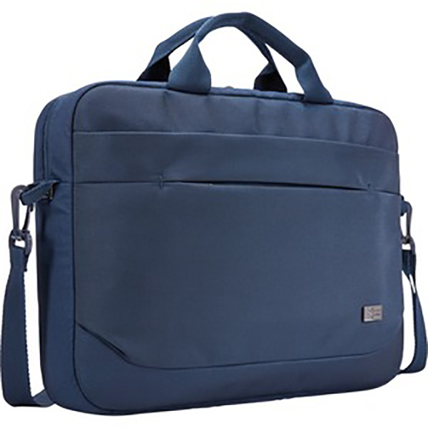 A dark blue laptop bag with a handle, shoulder strap, and a front pocket.