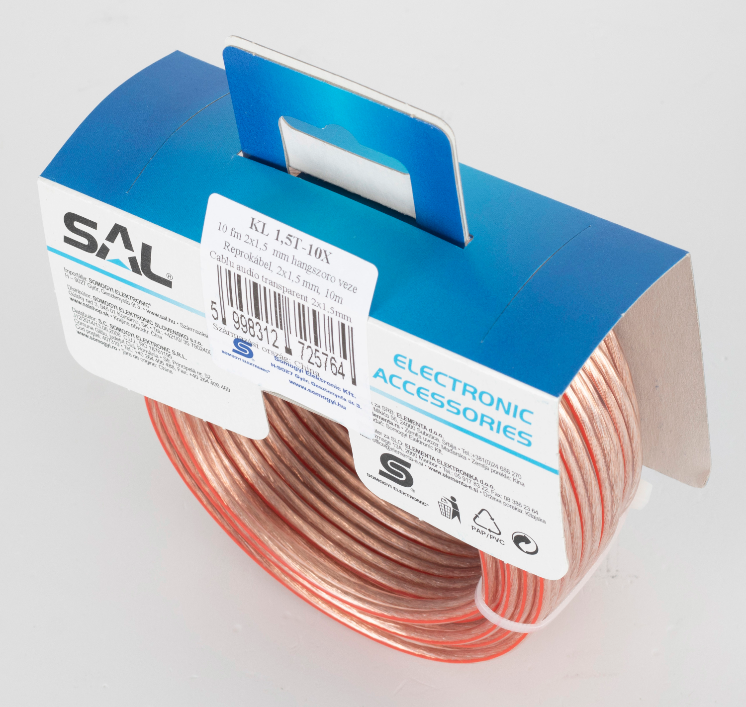 SAL KL 1,5mm-10méter hangszóró vezeték, átlátszó