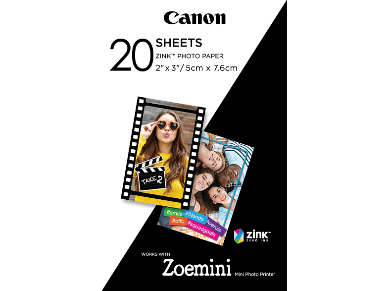 Canon photo paper box with pictures of people. White background and black borders.