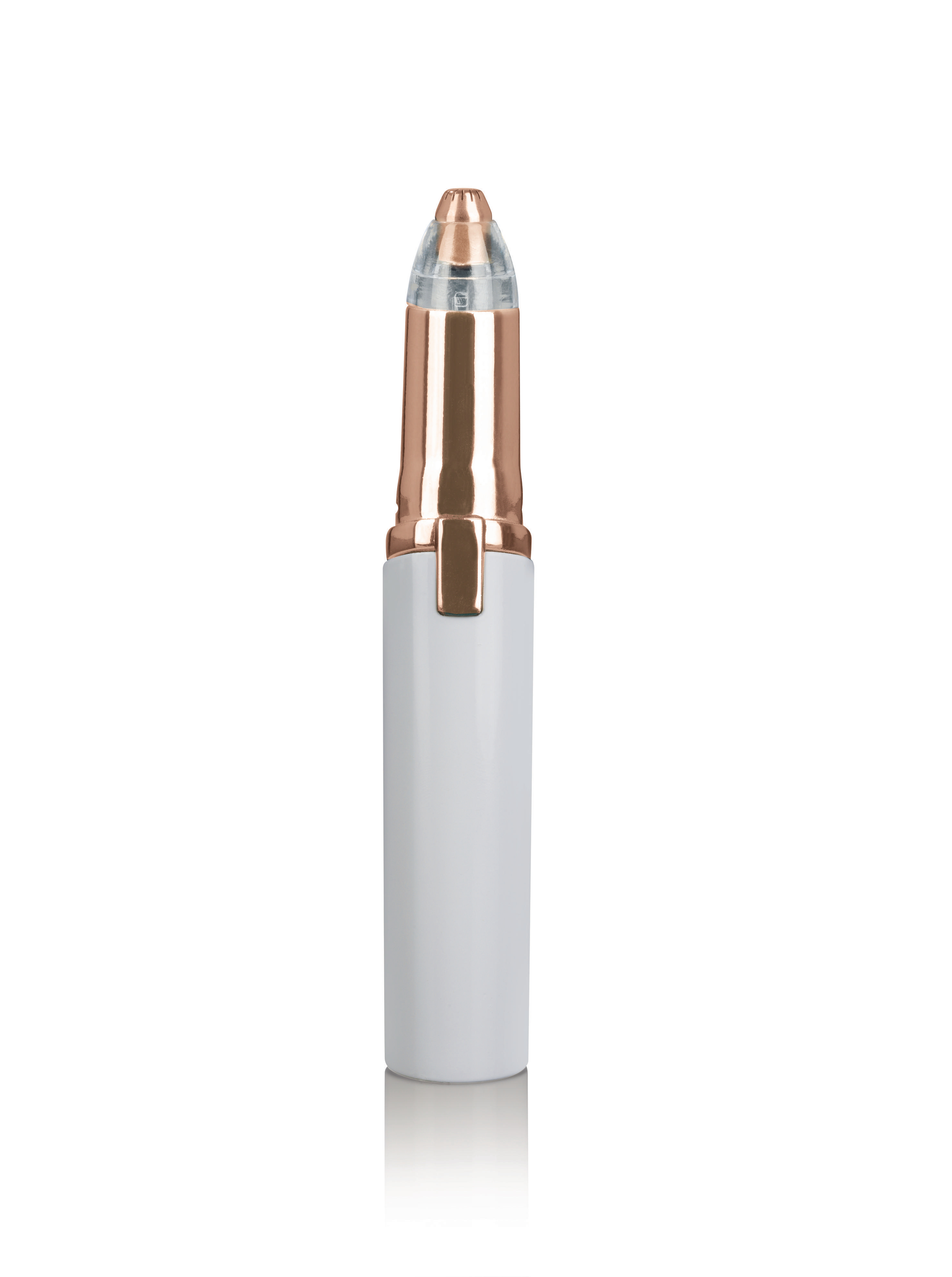 Weiß-roségoldener Augenbrauentrimmer. Das Gerät ist zylindrisch und hat eine transparente Spitze.
