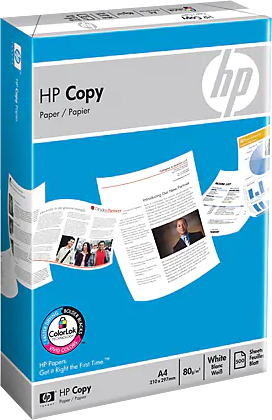 Weiß-blaue HP Copy Papierbox, mit herausfliegenden Papierblättern. Enthält HP-Logo.