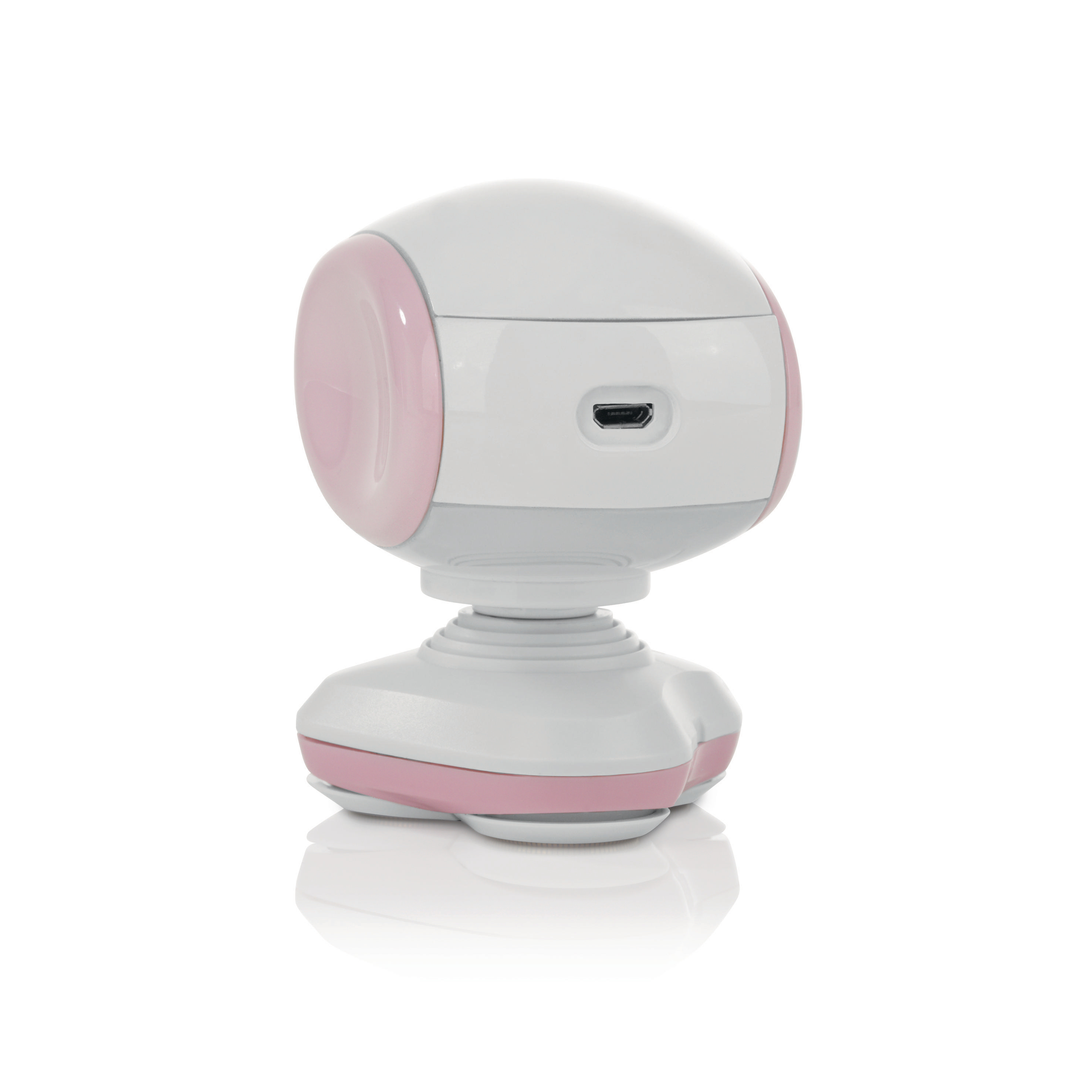 Ein weiß-rosa Babyphone. Es hat eine abgerundete Oberseite, einen rosa Ring um die Linse und einen USB-Anschluss.